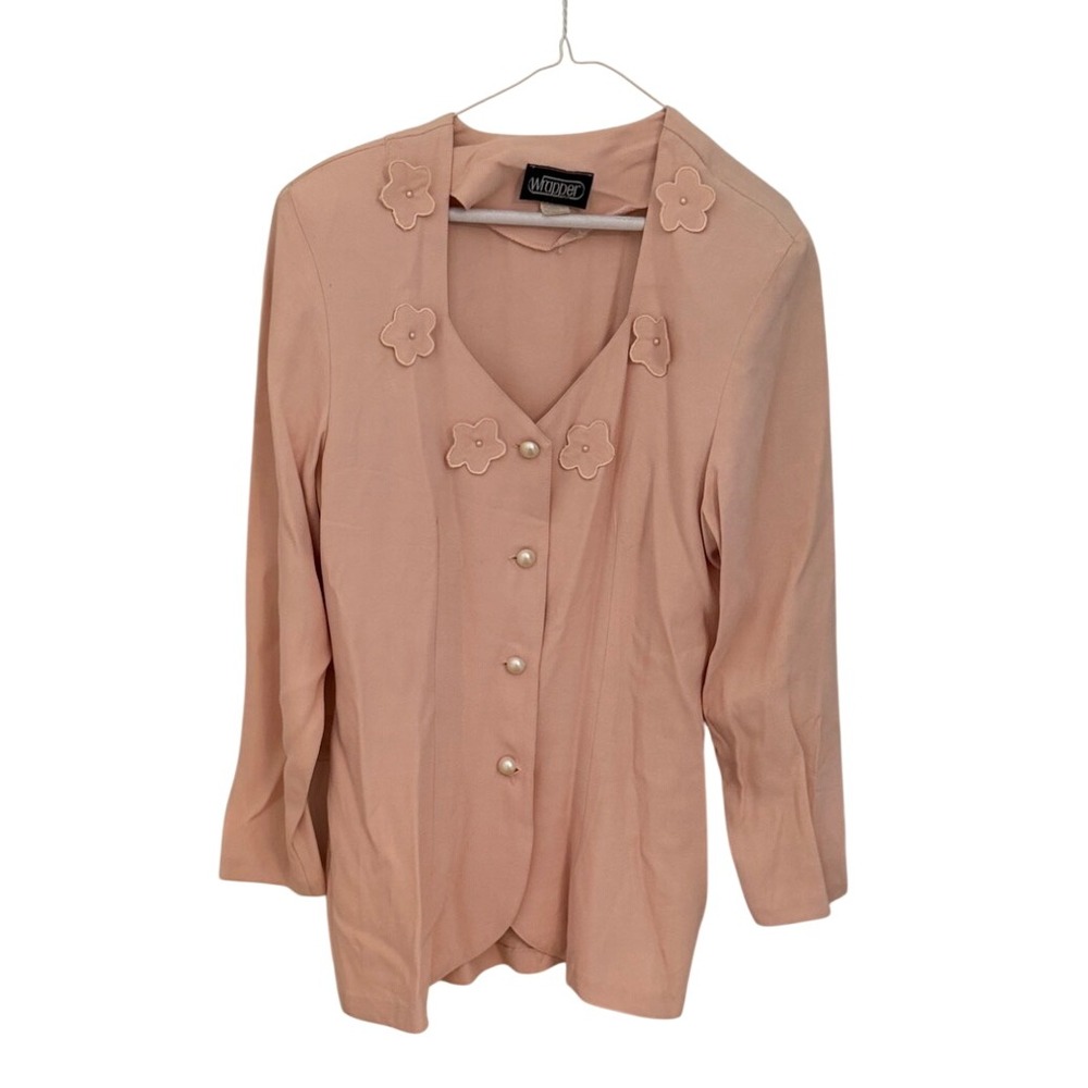 Vintage Wrapper USA Peach Floral Applique Pearl Button V-Neck Blouse or blazer L